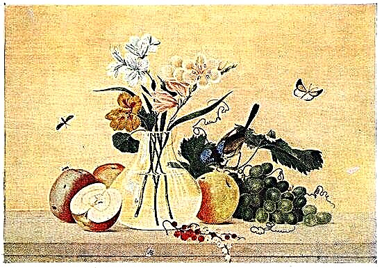 Composition by Tolstoy's painting “Flowers, Fruits, Bird”